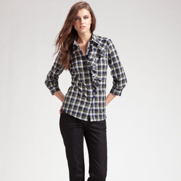 Tory Burch Tops - Tory Burch Blue Ruffled Plaid Button Down Top 12